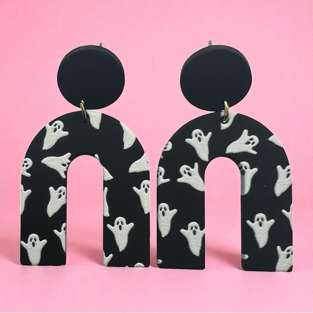 Black Ghost Pattern Polymer Clay Earrings Halloween Dangle Drop Jewelry